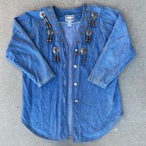 Embroidered Blue Denim Button-Front Women's Top